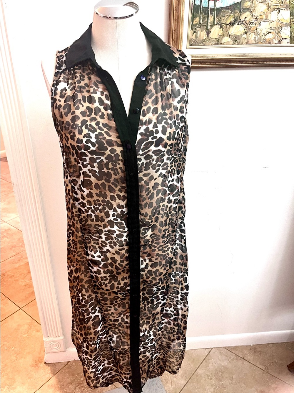 Leopard Print Sleeveless Long Vest with Black Trim